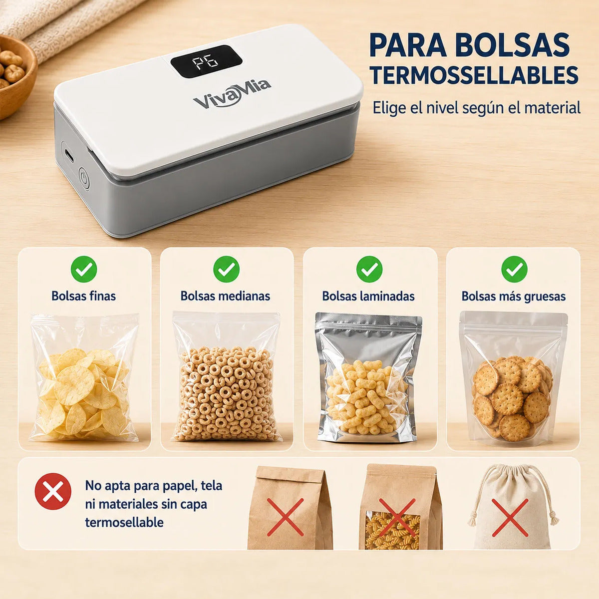 Vivamia Selladora De Bolsas Recargable 2 En 1 6 Niveles