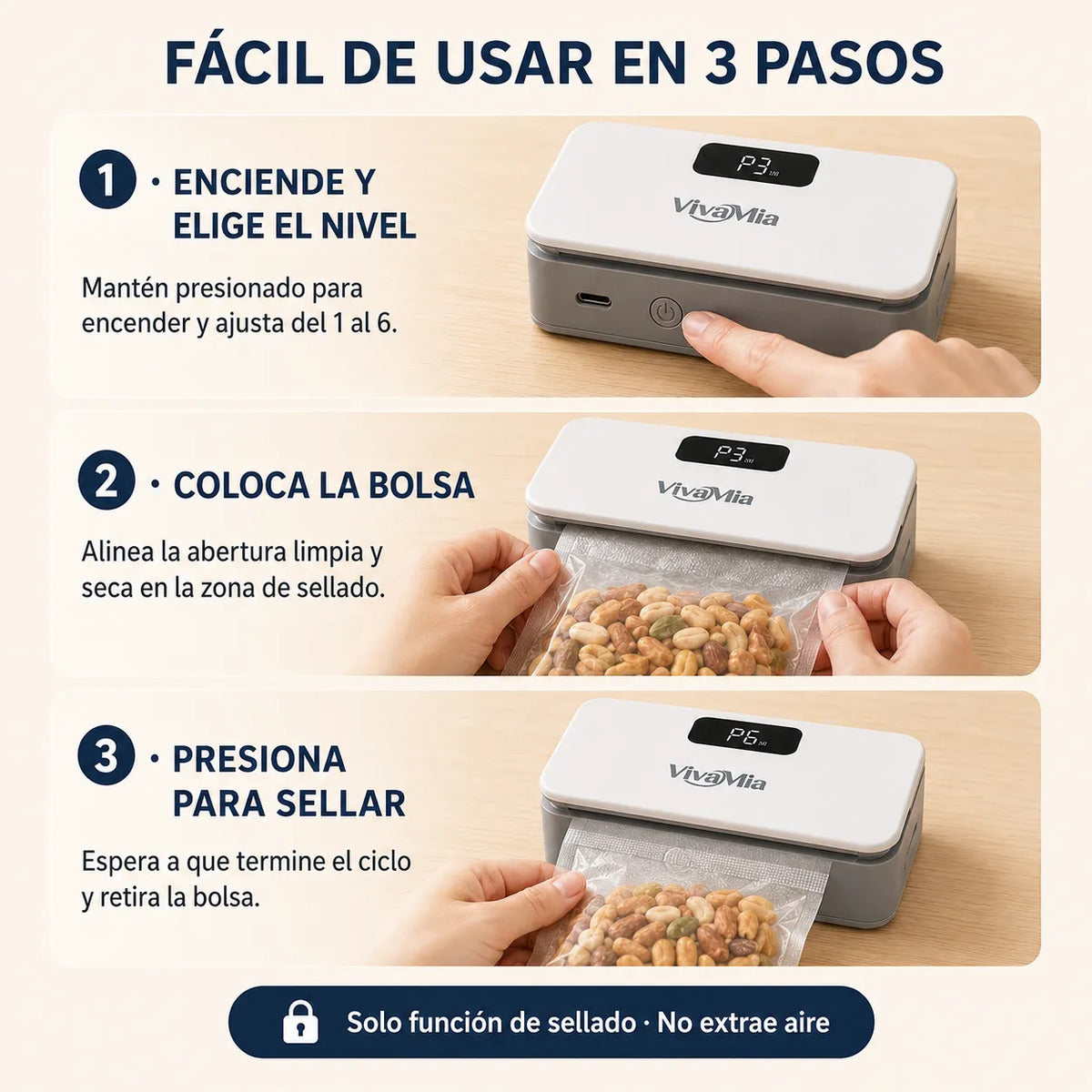 Vivamia Selladora De Bolsas Recargable 2 En 1 6 Niveles