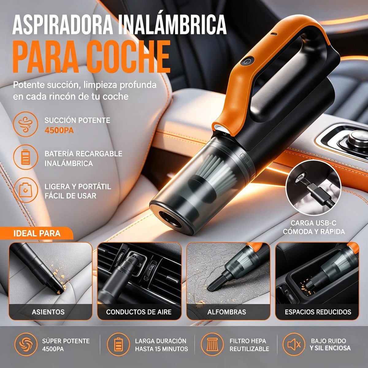 Multiuso Inalámbrica Para Coche 4500pa  Hepa Usb Recargable