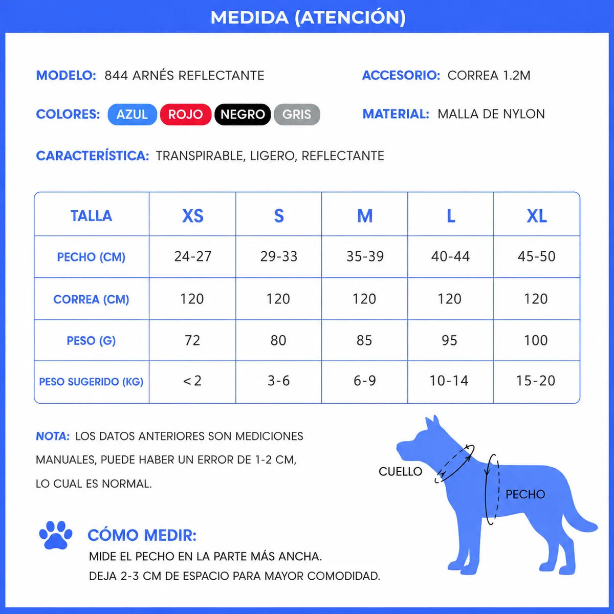 Arnés Reflectante Para Perros Pequeños Con Correa 1.2m